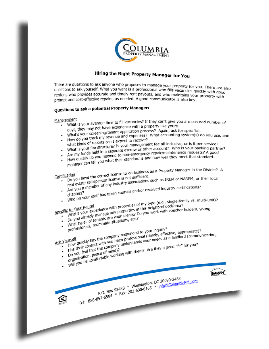 An image of the front page of our guide to help you select the Washington DC property management services that are right for you.