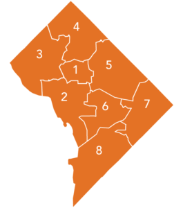A map of Washington DC separated into wards, where Columbia Property Management offers professional Washington DC property management services.